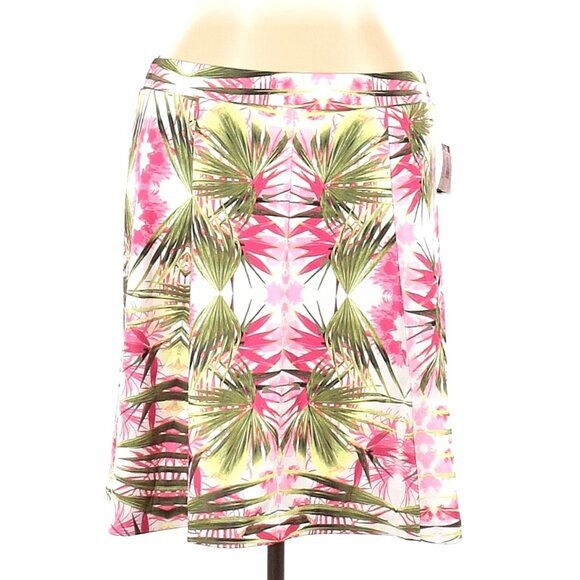 INC Womens Skirt Plus 1X Tropical Hawaiian Palm A-Line Knee Pink Green Pull-on‎ - Picture 1 of 4